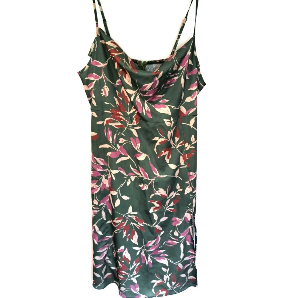 Slip Dress Women's 1XL Spaghetti Strap Green Floral Stretch Back‎ Slit 40"L
